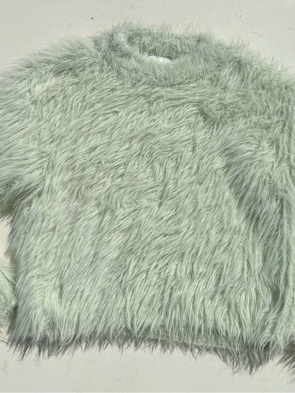 Faux Fur Crewneck Sweater in Pale Mint